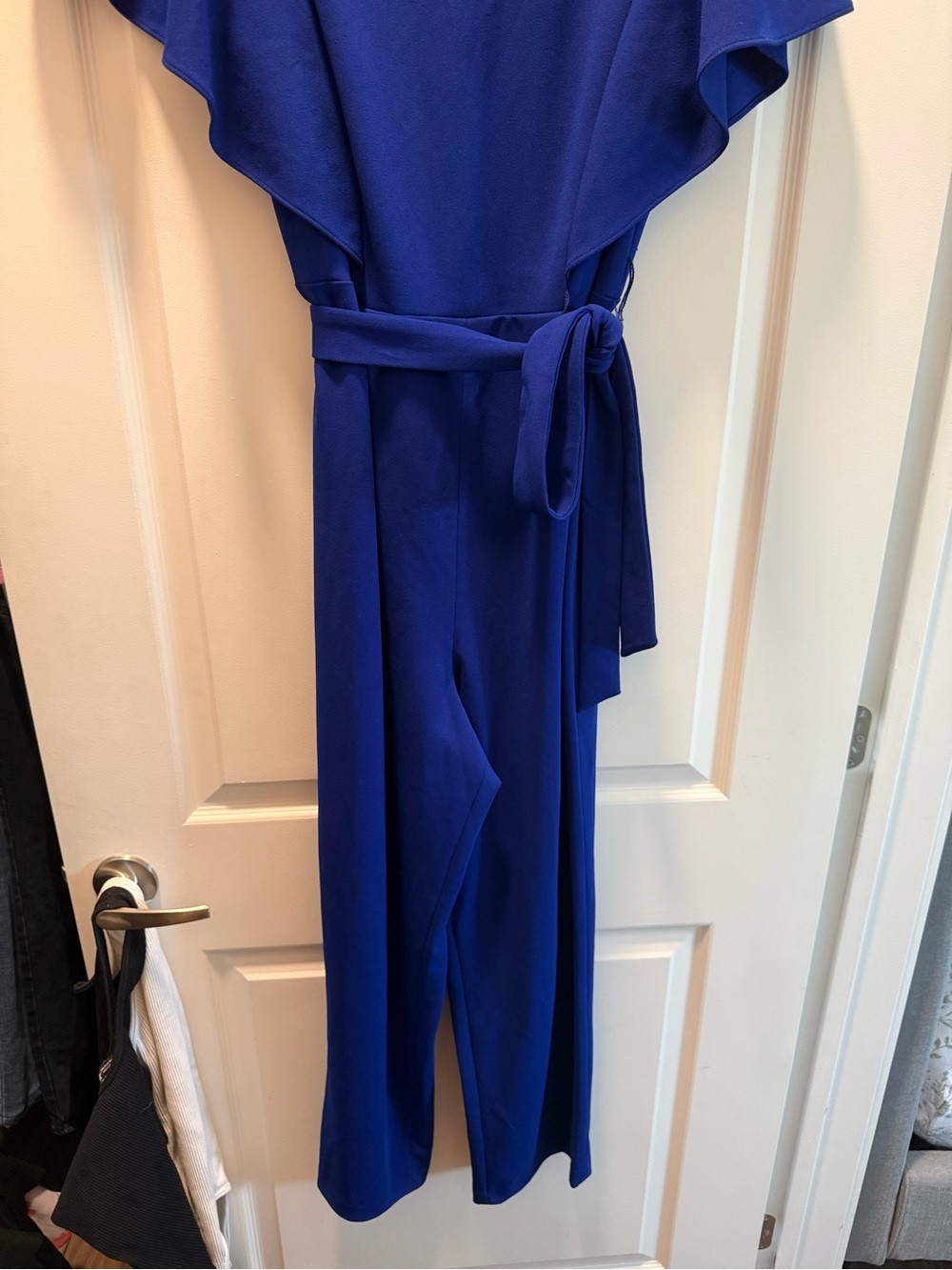 DKNY Cobalt Blue Ruffle-Shoulder Jumpsuit with Waist Tie